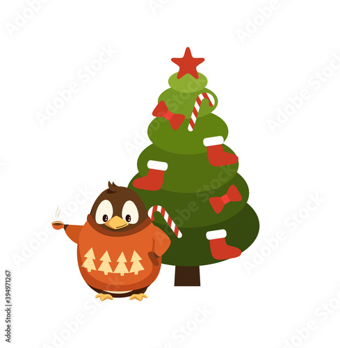Penguin in knitted sweater with coffee cup near Christmas tree. Bird in knitwear and hot beverage, bows and cane candies, stockings and star vector