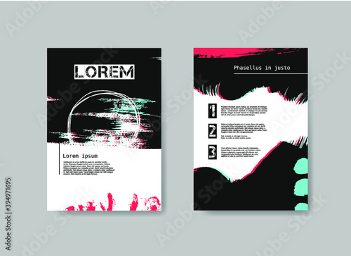 Set of Design Templates for Brochures. Abstract Hand Drawn Backgrounds. Hand Drawn Vector Templates for Flyer. Underground flyers design. Design templates with black and yellow painted background 