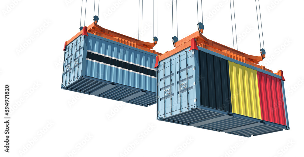 Freight containers with Botswana and Belgium national flags. 3D Rendering Freight containers with Botswana and Belgium national flags. 3D Rendering