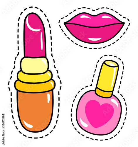 Makeup stickers, labels or print, with dotted frame cut out, pink lipstick, shiny lips, nail polish in bottle with heart, cute things, visagiste tools, creative design, patch badges, girlish stickers