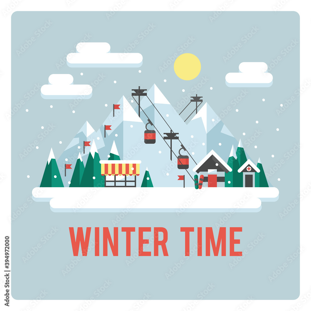 Naklejka premium Snowy Landscape Ski Resort. Vector Illustration Night in Mountains. Flat Design Style Winter Background
