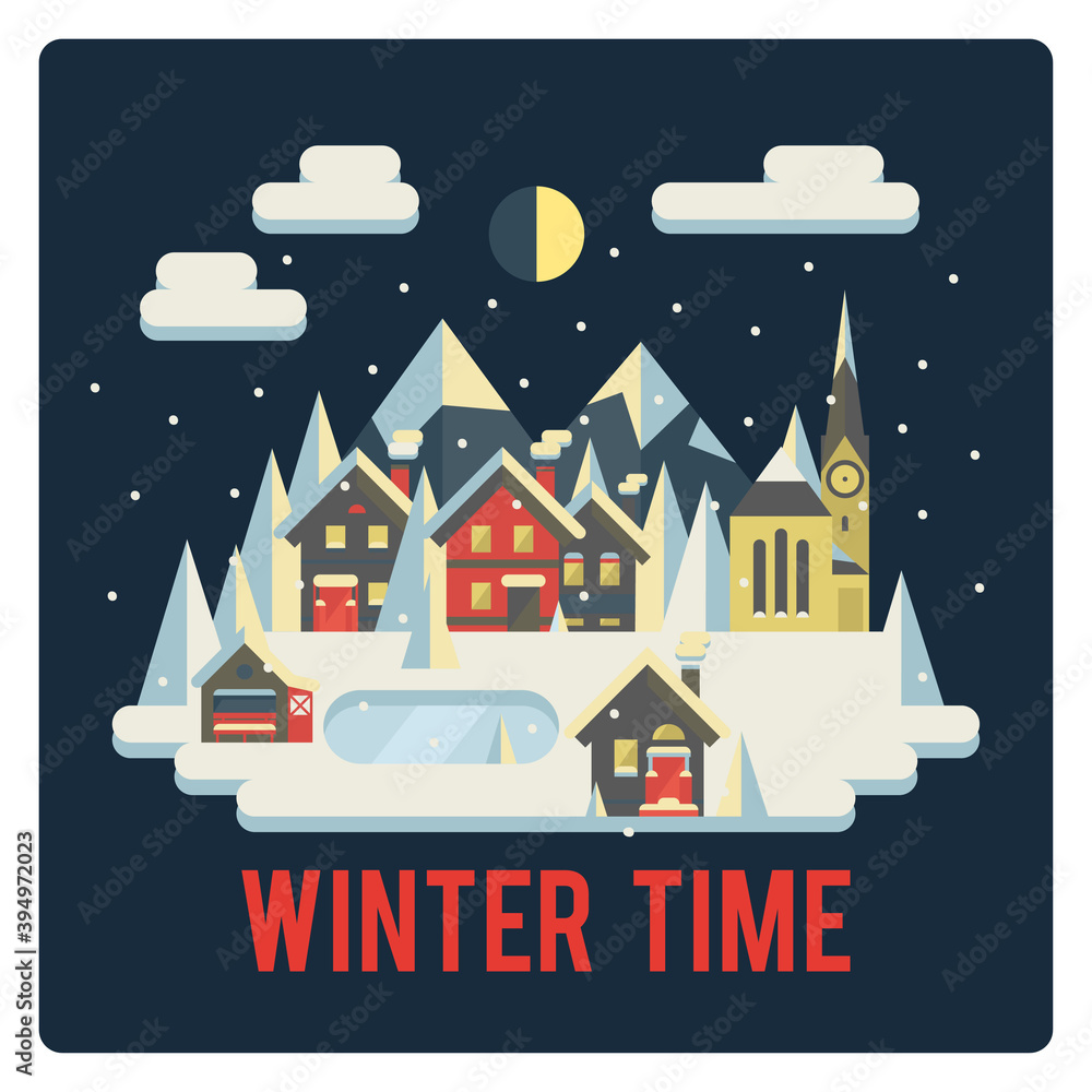 Little Town in Snowy Mountains, Winter Holiday Time, Cozy Holly Night in Ski Resort. Vector Flat Style Illustration