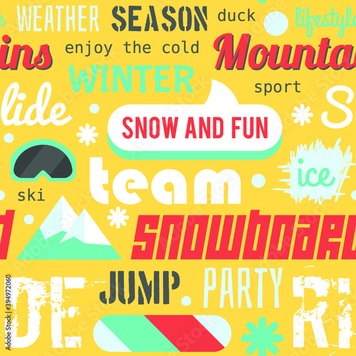 Seamless vector pattern with snowboarding stuff and words, dark version. Flat style: seamless pattern on snowboarding and skiing theme. Snowboarding template for design. Snowboarding seamless pattern