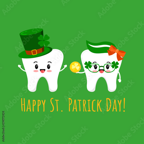 St Patrick cute teeth in leprechaun hat and in glasses with gold coin. Dental tooth irish character with lucky money, clover on green hat. Flat design cartoon vector Happy paddy's day illustration.