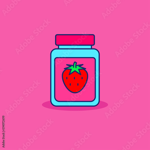 Strawberry jam in the jar vector illustration isolated on pink background. Linear color style of strawberry jam icon 