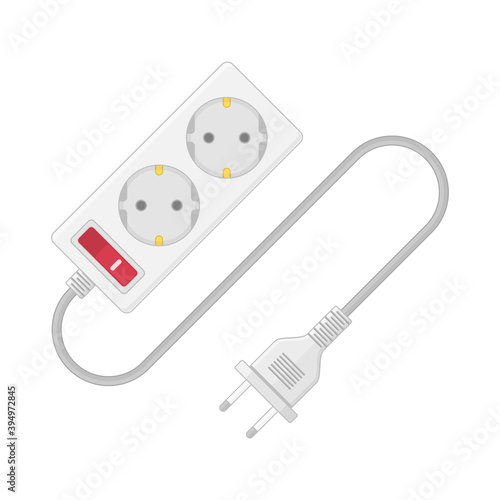 Extension cable cord isolated on white background. Electrical triple white plastic power socket strip and europe type plug. Illustration in realistic style.