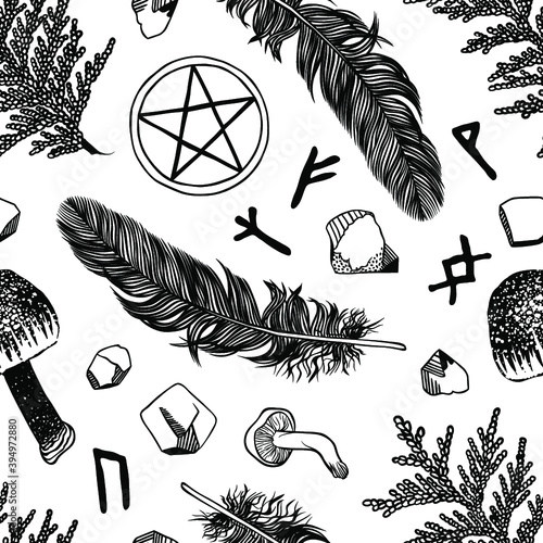 Witchcraft seamless pattern. Vector pattern with ritual things. Hand drawn illustration Wicca attributes. Set for ritual things for young witch.