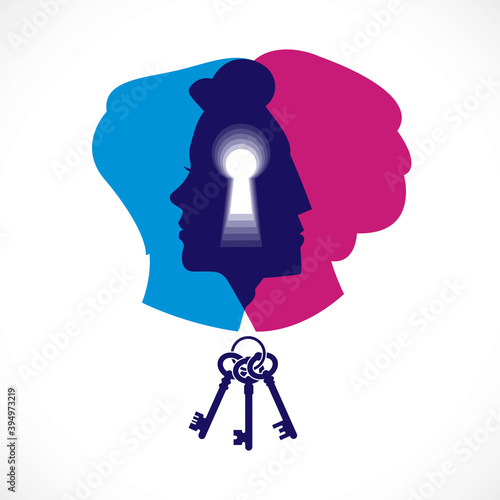 Gender psychology concept created with man and woman heads profiles and keyhole with key of understanding, vector logo or illustration of relationship problems and conflicts in family and society.
