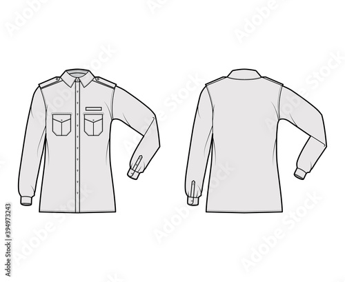 Shirt military technical fashion illustration with epaulette, flaps angled pockets, elbow fold long sleeve, relax fit, button-down. Flat template front, back grey color. Women men unisex top CAD