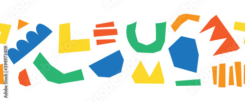 Abstract cut out shapes seamless vector border. Seamless horizontal pattern organic Hand paper cutting matisse style collage illustration. Trendy kid fashion edge stripe trim. Banner, footer, divider.