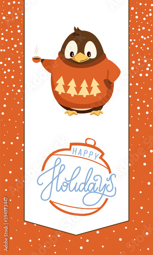 Penguin in sweater with tea cup, Christmas card. Winter holidays, bird in clothes with hot beverage or coffee, Xmas tree decoration or ball vector