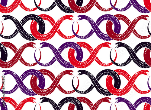 Repeat snakes seamless vector pattern, tiling endless background with venom reptiles in vintage style, subculture rock n roll and hard rock theme.
