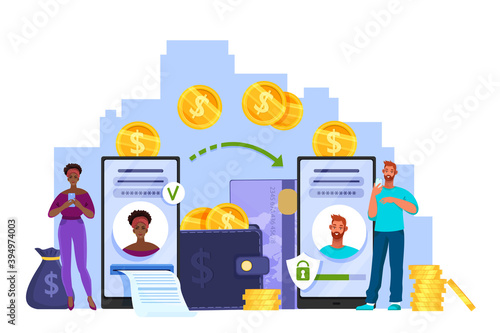 Mobile payment or money transfer vector concept with people sending dollar coins in internet. Digital transaction illustration with wallet, city outline,credit card.Mobile payment isolated bank design