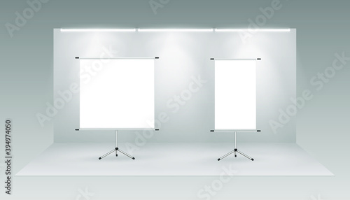 Roll up banners. Advertising billboard, promotional white poster mockup, empty info stand template exhibition or conference presentation vector set