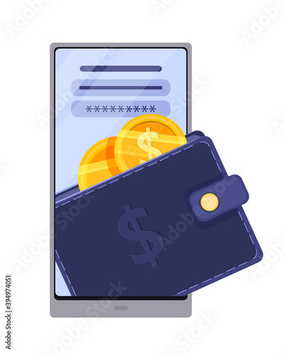 Online payment and digital wallet vector illustration with finance app, coins, smartphone. Virtual transaction and internet purchase shopping concept isolated on white. Digital wallet cartoon clipart