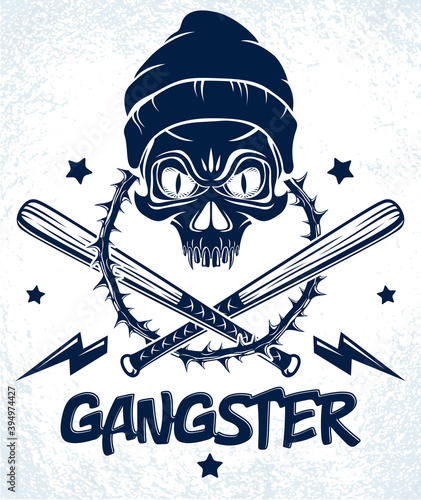 Gang brutal criminal emblem or logo with aggressive skull baseball bats and other weapons and design elements, vector anarchy crime terror retro style, ghetto revolutionary.