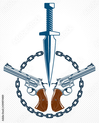 Dagger knife and other weapons  vector emblem of Revolution and War, tattoo with anarchy and chaos concept, criminal and gangster style, social tension theme.