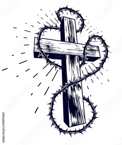 Christian cross with blackthorn thorn vector religion logo or tattoo, passion of the Christ.