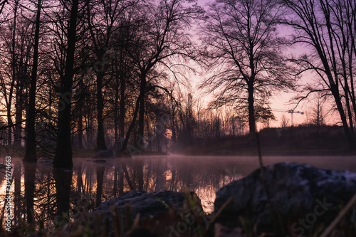 Purple sunset over lake with stone in foreground and tree and sky reflection in dusky water with mist and blurry bokeh beautiful peaceful serenity quiet meditation calm freedom nature outside walk
