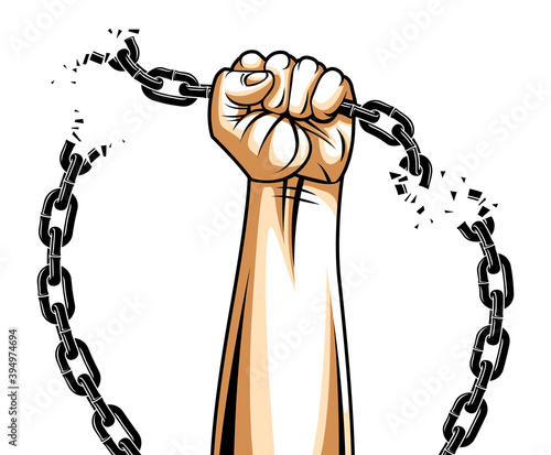 Slavery theme illustration with strong hand clenched fist fighting for freedom against chain, vector logo or tattoo, getting free, struggle for liberty.