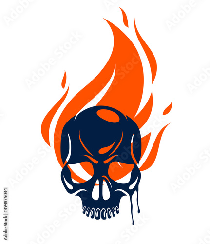 Skull bone head on fire vintage vector emblem or logo isolated on white, vintage style coat of arms crest, gang sign criminality, classic style tattoo.