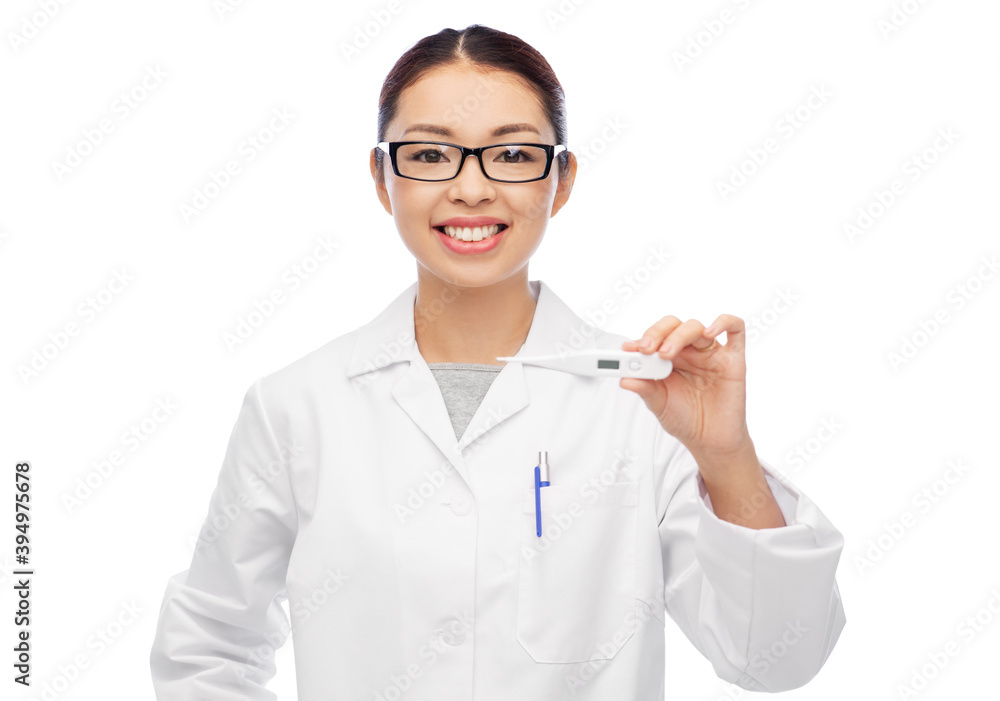 medicine, profession and healthcare concept - happy smiling asian female doctor or nurse with thermometer over white background medicine, profession and healthcare concept - happy smiling asian female doctor or nurse with thermometer over white background