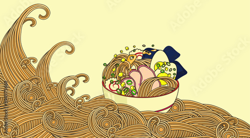 Japanese ramen noodles soup with egg, pork, nori, onion, corn.   Asian food. Vector illustration with free space for text
