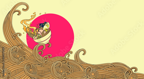 Japanese ramen noodles soup with egg, pork, nori, onion, corn. Vector illustration with free space for text. Red sun 