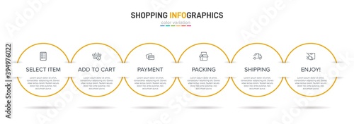Concept of shopping process with 6 successive steps. Six colorful graphic elements. Timeline design for brochure, presentation, web site. Infographic design layout.