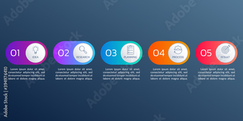 5 step or option infographic elements with business icons and text. Timeline info graphic, flow chart, layout, finance workflow template. Vector illustration.