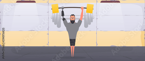 A man with a prosthetic hand raises a barbell. A disabled person is engaged in a sports hall. The concept of human recovery through robotization. Vector.