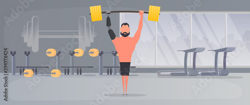 A man with a prosthetic hand raises a barbell. A disabled person is engaged in a sports hall. The concept of human recovery through robotization. Vector.