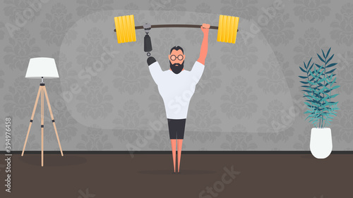 A man with a prosthetic hand lifts the barbell. Vector.