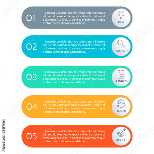 5 steps, option or levels infographic design with business icons. Vertical timeline info graphic template for presentation, information brochure, banner, workflow layout. Vector illustration.