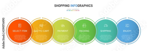 Concept of shopping process with 6 successive steps. Six colorful graphic elements. Timeline design for brochure, presentation, web site. Infographic design layout.