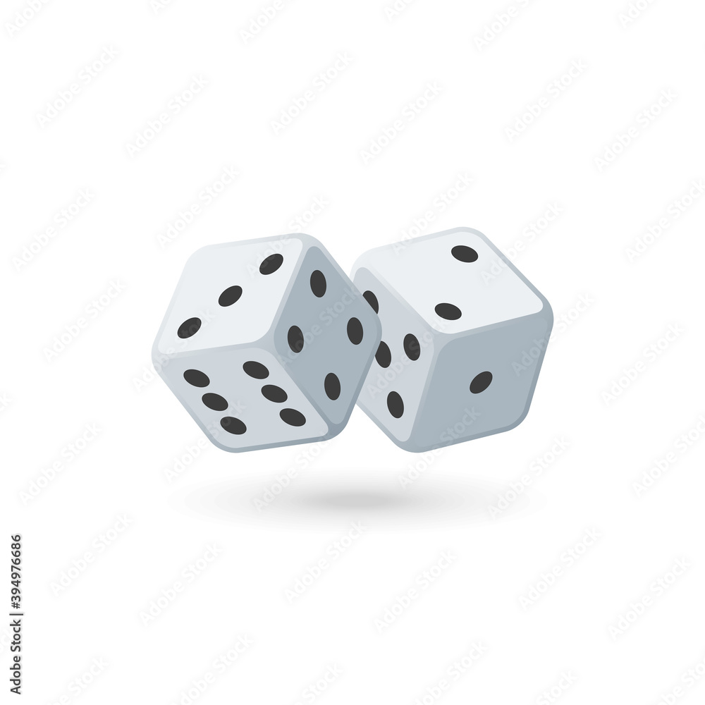 Two white dice in realistic style. Game dices icon in flight closeup isolated on white background. Casino gambling design template for app, web, infographics, advertising. Vector illustration EPS 10. Two white dice in realistic style. Game dices icon in flight closeup isolated on white background. Casino gambling design template for app, web, infographics, advertising. Vector illustration EPS 10.