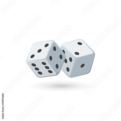 Two white dice in realistic style. Game dices icon in flight closeup isolated on white background. Casino gambling design template for app  web  infographics  advertising. Vector illustration EPS 10.