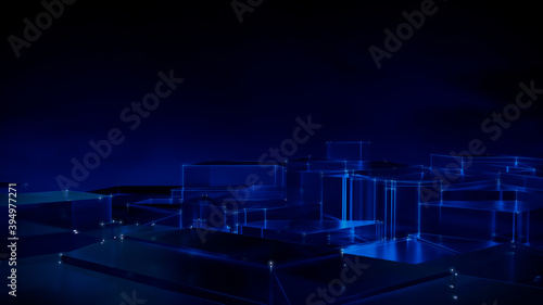 Futuristic, High Tech, blue platform background, with network lines conveying a connectivity concept. 3D render photo