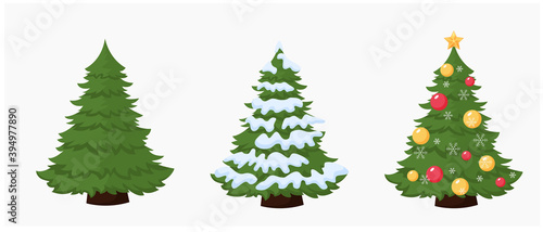 Tree, green Christmas fir tree,  fur- tree covered with snow, isolated on white background. 
Vector illustration