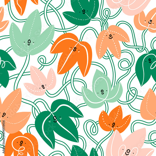 Cartoon ivy leaves with cute faces, vector pattern