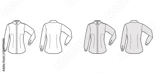 Shirt fitted technical fashion illustration with elbow fold long sleeve, slim fit, darts, button-down, regular collar. Flat template front, back white, grey color. Women men unisex top CAD mockup