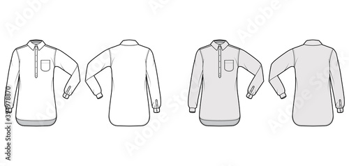 Shirt pullover technical fashion illustration with rounded pocket, elbow fold long sleeve, oversized, half placket button down. Flat template front, back white, grey color. Women men top CAD mockup