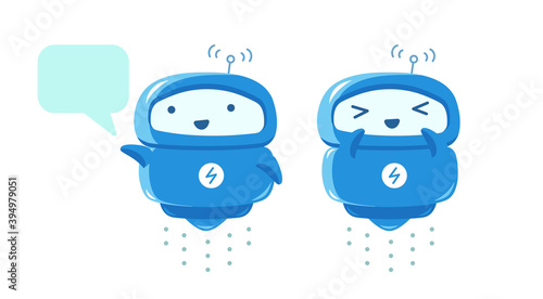 Robot mascot. Small blue flying smart character. Artificial intelligence. Support chatbot message. Cartoon vector flat.