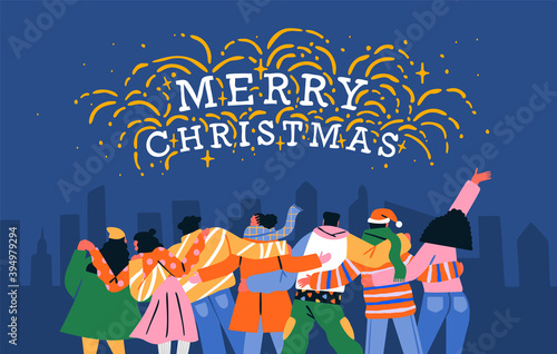 Merry Christmas card friend group in firework sky