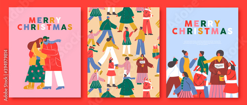 Merry Christmas card set of happy holiday people