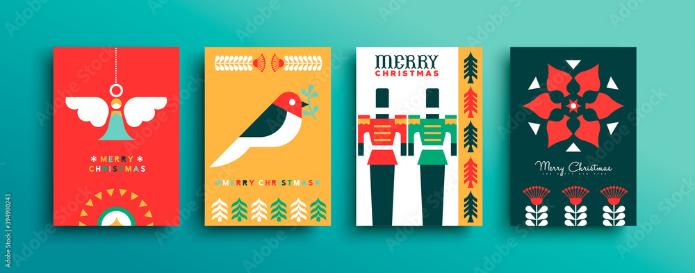Merry Christmas flat folk art decoration card set Merry Christmas flat folk art decoration card set