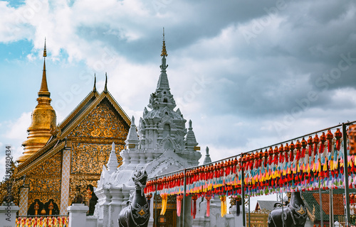 Wat Phrathat Haripunchai Woramahawihan during Loy Khratong lantern festival in Lamphun, Chiang Mai, Thailand photo