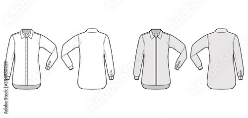 Shirt ascot stripe technical fashion illustration with tie bow, elbow fold long sleeve, oversized, button-down, regular collar. Flat template front, back white, grey color. Women men unisex CAD mockup