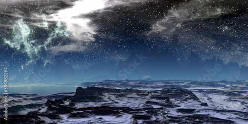 Alien Planet. Mountain and lake. 3D rendering © Pavel Parmenov