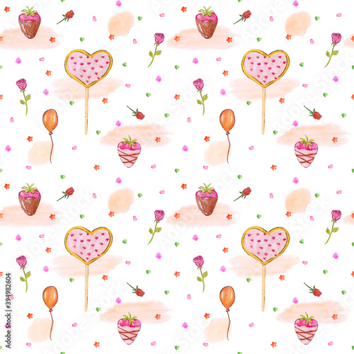 Valentine's Day. Valentine's Day pattern in soft pink tones with a rose flower, a heart-shaped cookie and a balloon. Design for textiles, trimming and packaging.